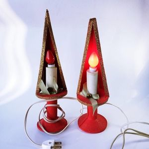 Vtg Amico Imports Red Lamp Gold Trim Paper Mica Set of 2 Christmas Lighting (cb7